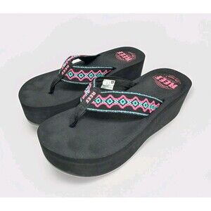 REEF Sandy HI Platform Flip Flops Size 8 Black Pink Embroidered Beach Sandals